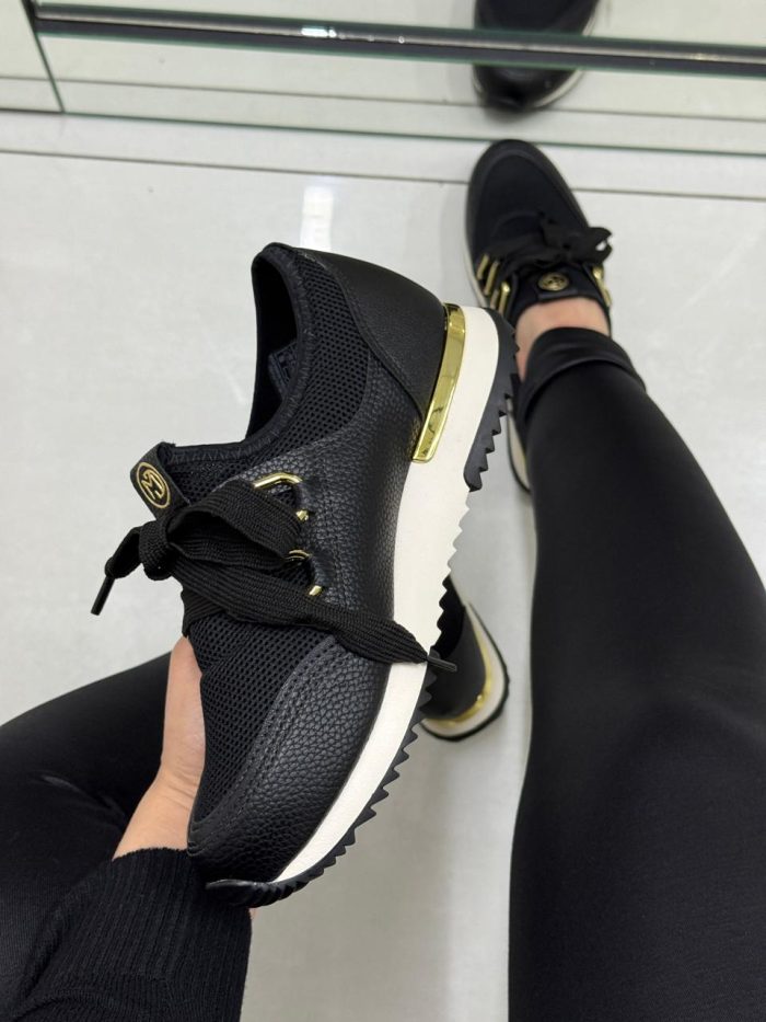 tênis casual preto modare com detalhes dourados tênis casual preto modare com detalhes dourados