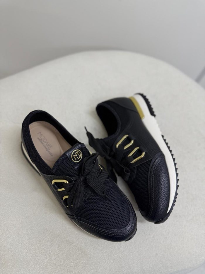 tênis casual preto modare com detalhes dourados tênis casual preto modare com detalhes dourados