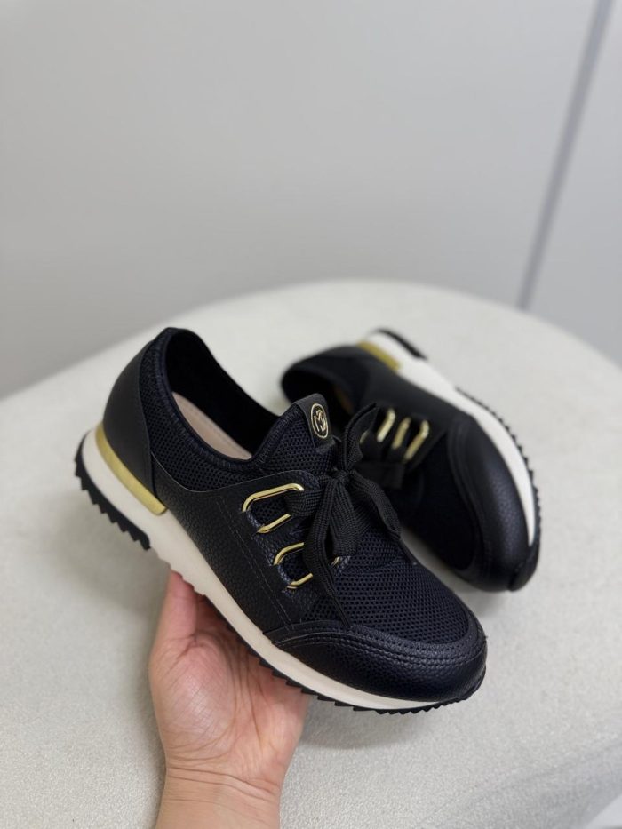 tênis casual preto modare com detalhes dourados tênis casual preto modare com detalhes dourados