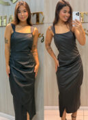 vestido midi preto em courino com fenda