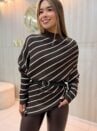 poncho feminino terracota listrado em tricô com cinto