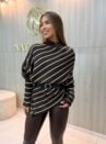 poncho feminino terracota listrado em tricô com cinto