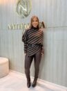 poncho feminino terracota listrado em tricô com cinto
