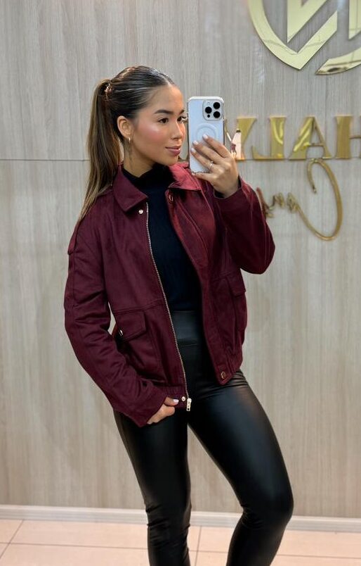 jaqueta bomber feminina suede marrom com bolsos frontais