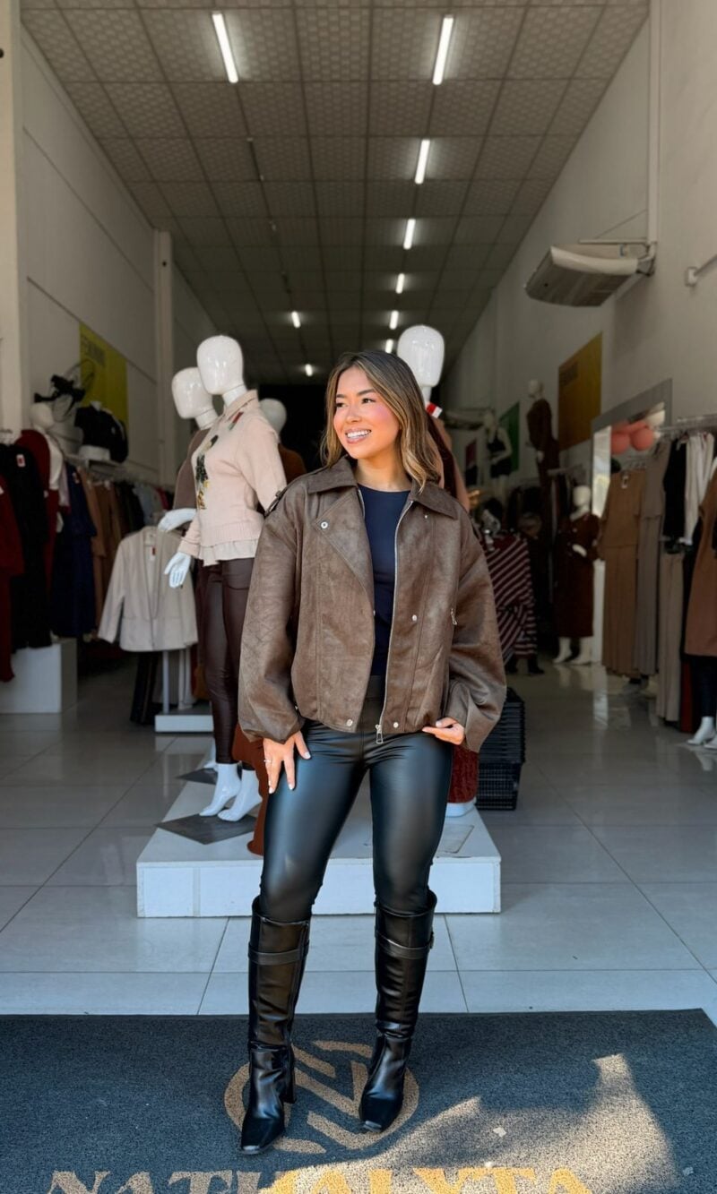 jaqueta feminina biker oversized suede café premium jaqueta feminina biker oversized suede café premium