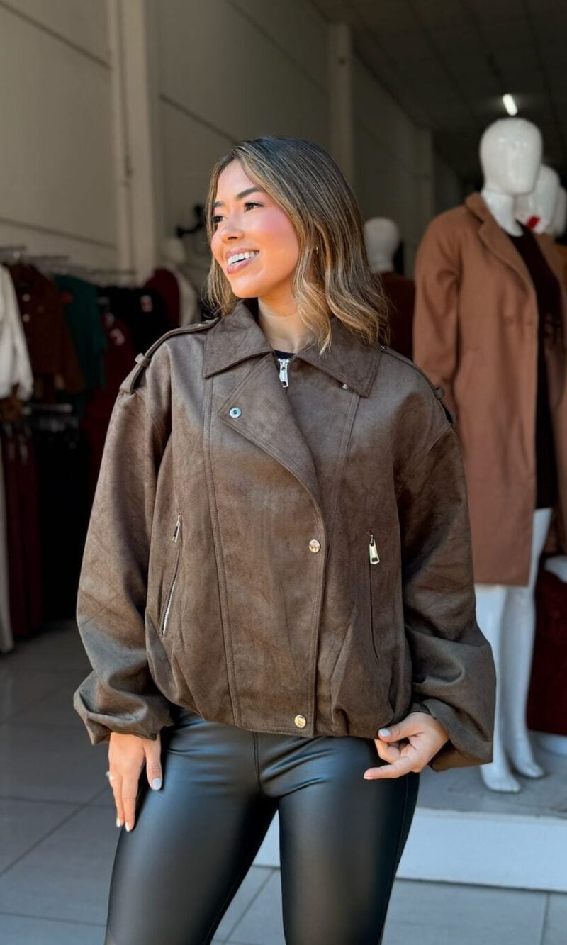 jaqueta feminina biker oversized suede café premium