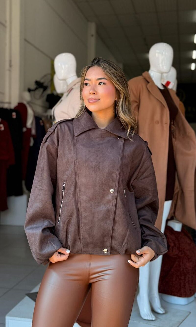 jaqueta feminina biker oversized suede café premium