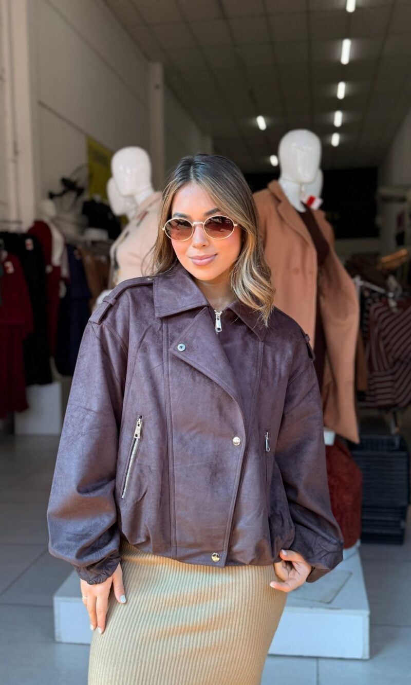 jaqueta feminina biker oversized suede café premium