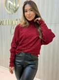 blusa modal feminina rosa claro gola alta trançada