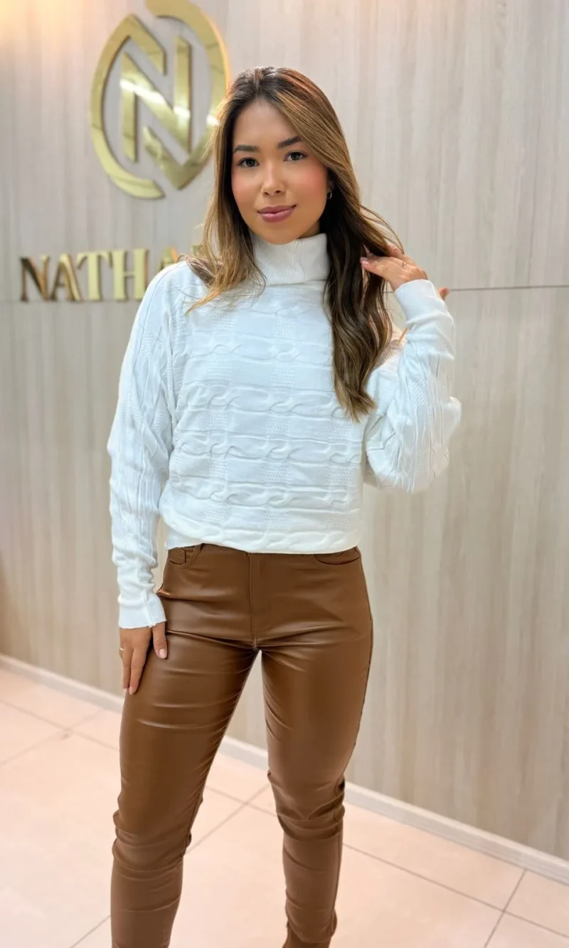 blusa modal feminina rosa claro gola alta trançada